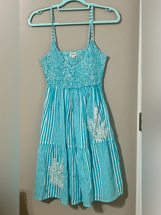 POL Dresses & Skirts - POL Turquoise & White Striped Smocked Mini Dress with Lace Beaded Appliqués